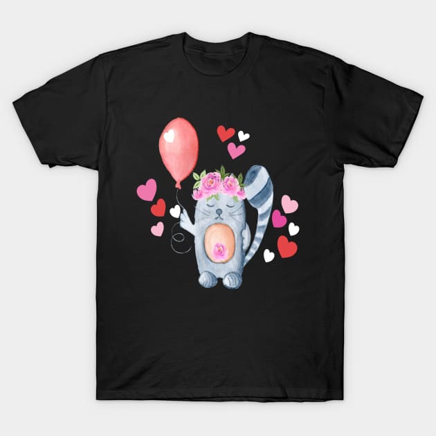 Cat Lover Valentine Funny Kitty & Balloon With Hearts T-Shirt by Kimmicsts